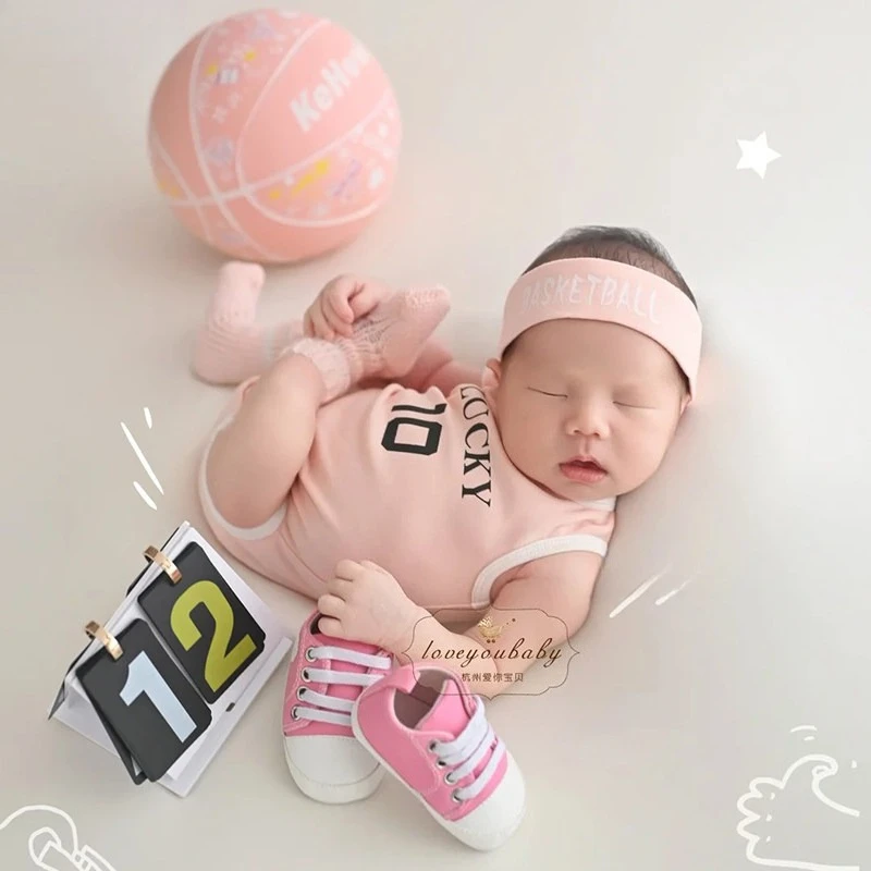 Newborn Photography Props Baby Girl Pink Basketball Theme Set with Ball Outfits Shoes Sports Backdrop for Studio Photoshoot