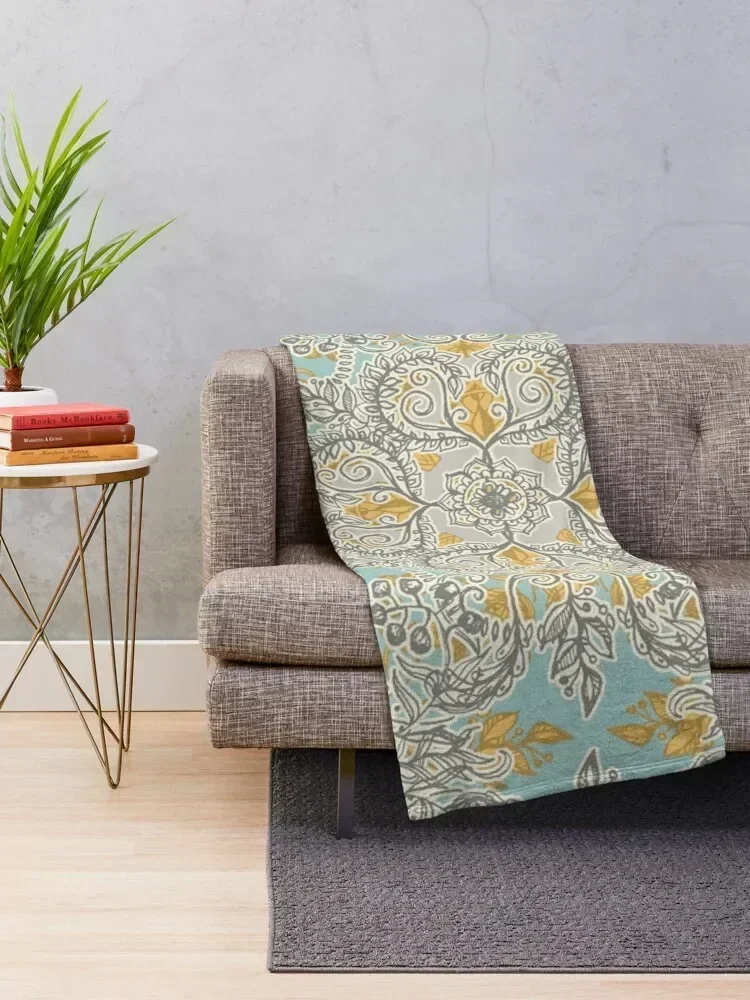 Gypsy Floral in Soft Neutrals, Grey & Yellow on Sage Throw Blanket Designers Thermal valentine gift ideas Soft Blankets