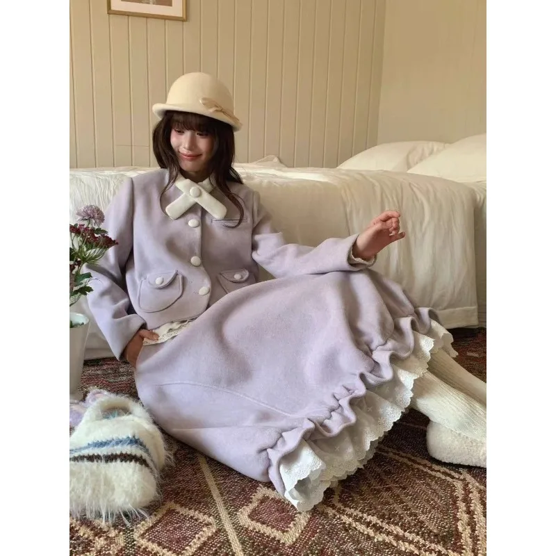 

French Retro Pictorial Style Taro Purple Woolen Jacket + Skirt Suit for Women's 2025 Autumn and Winter New Thin Wear