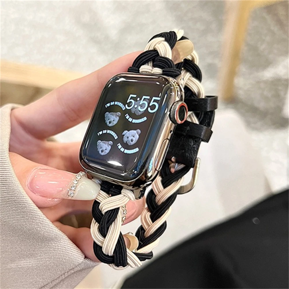 Ładny elastyczny warkocz lina nylonowa pasek do Apple Watch 44mm 40 45 41 49 42 38mm zimowa bransoletka dla Ultra serii 9 8 SE 7 6 5 4 3