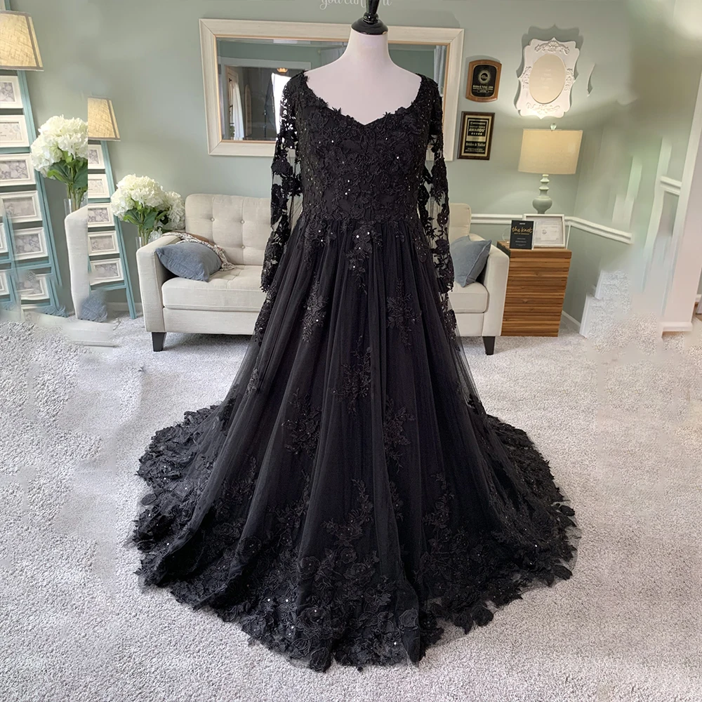 

Black Wedding Dresses V-Neck Lace Long Sleeve Halloween Bride Dress Appliques Tulle Bridal Gown Customized vestidos de novia