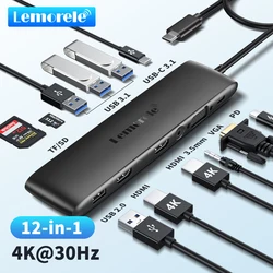 Lemorele USB-C Hub 10Ports Docking Station USB Type C to Dual HDMI 4K 30Hz VGA USB 3.0 Adapter PD100W SD Card Reader for MacBook