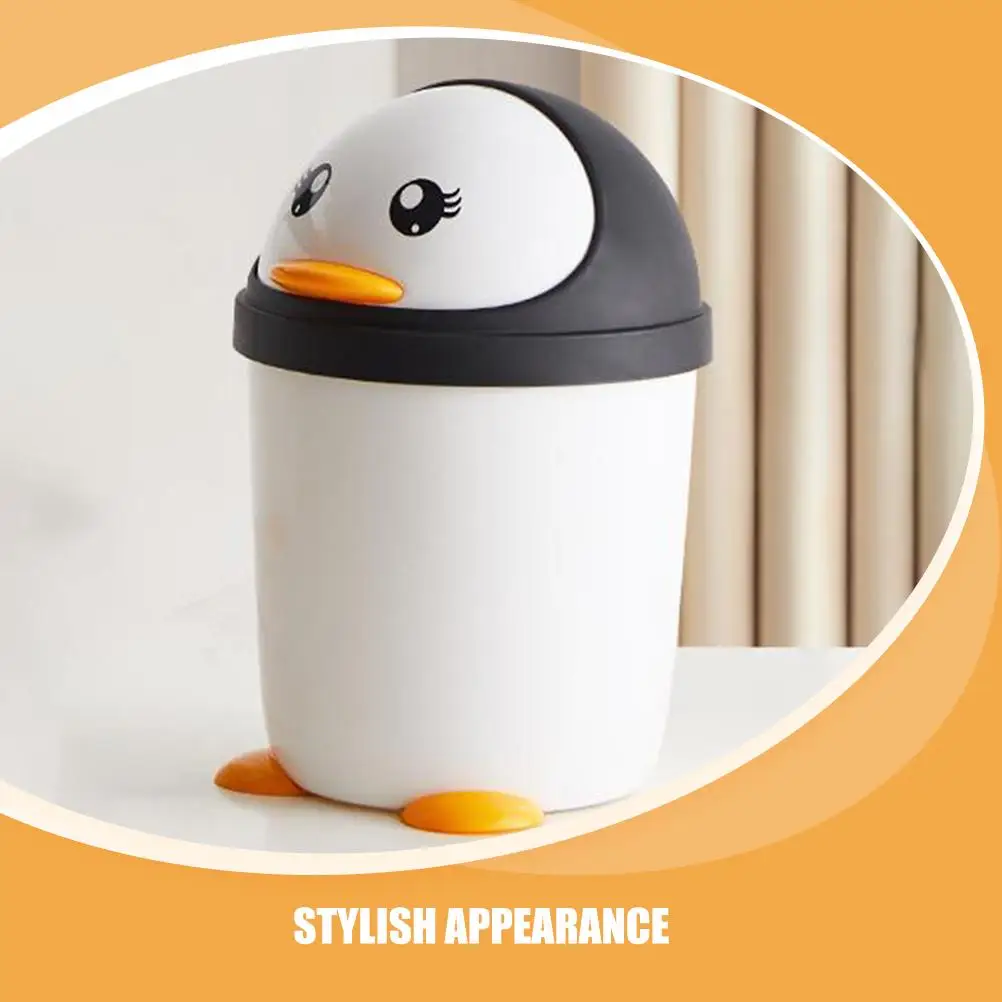 Cute Penguin Swing Lid Trash Can Plastic Wastebasket Bedroom Office Car Kitchen Desktop Organizer Storage for Children Room Use - Image 3