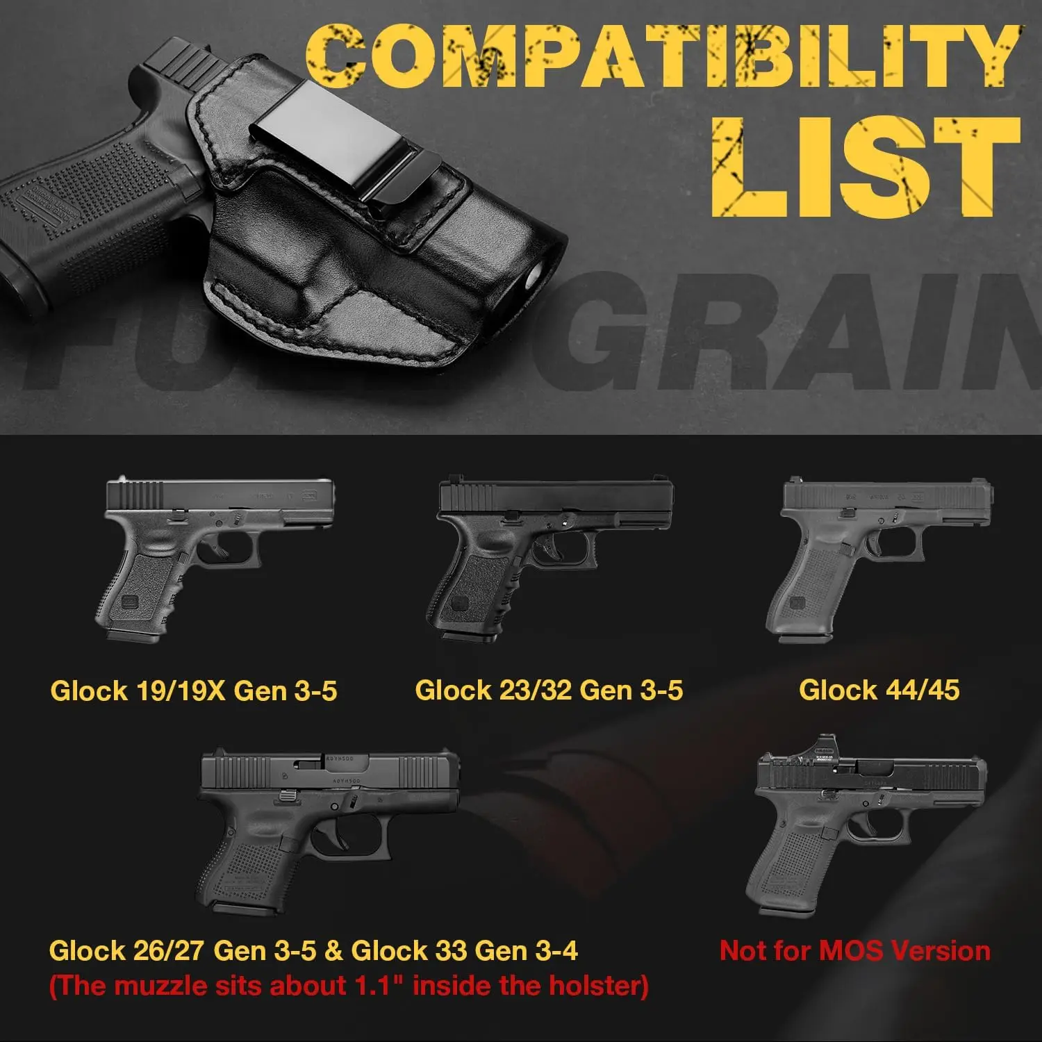فقط لـ Glock 19/19X/26/23/32(Gen3-5) & 27/33/44/45، حافظة جلدية IWB، حافظة حزام الخصر الداخلية، استخدام اليد اليمنى #3