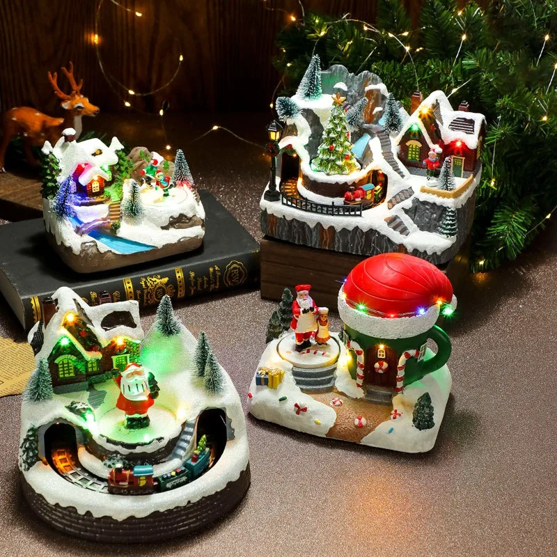 Christmas Rotating Resin Luminous Music Box Ornament Rotating Small Train Decorations Christmas Gifts