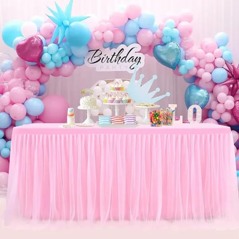 14Ft 8Ft Puffy Mesh Table Skirt Baby Shower Table Drape For Rectangular Tables Birthday Party Cake Sweet Treat Table Decors