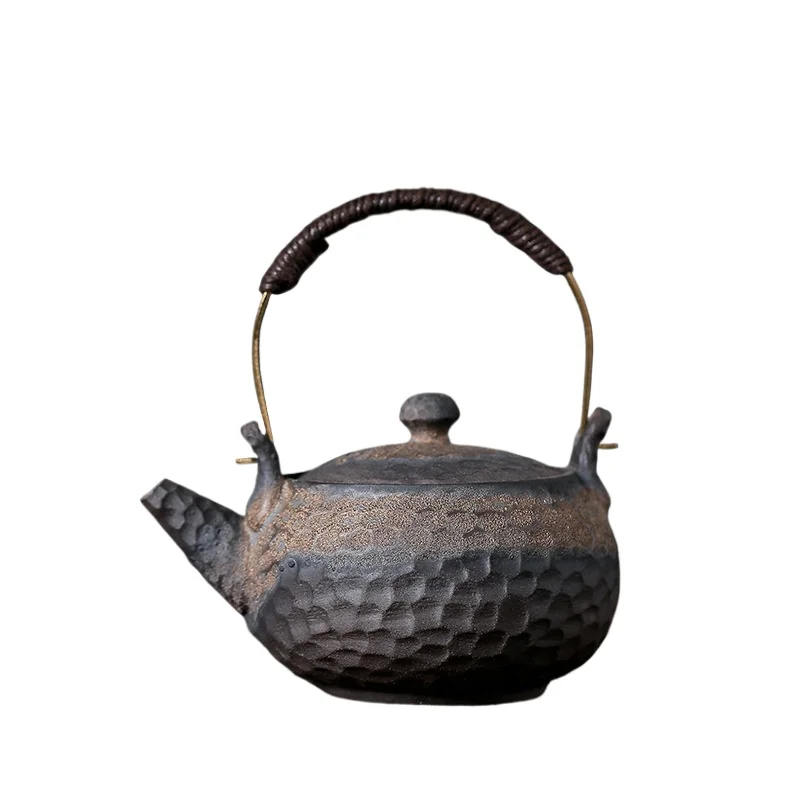 Rough Pottery Hammered Lift Beam Teapot Handmade Japanese Retro Teapot Ceramic Kung Fu Cooking Teapot Single Pot