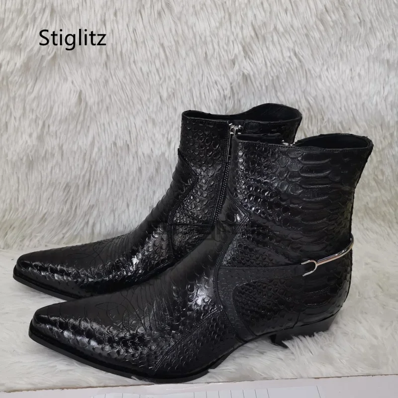 Genuine Leather Embroidery Men's Boots Pointy Chelsea Boots Snakeskin Metal Decor Chunky Heeled Ankle Boots Party Male Shoes