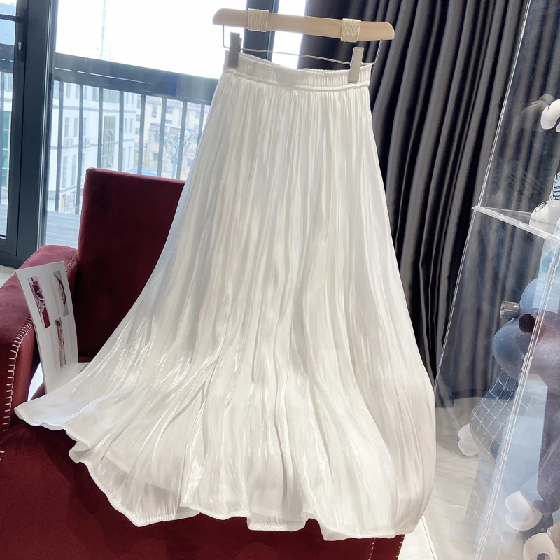 Silk A-Line Midi Skirt High Waist Slimming Versatile Silk Smooth Pleated Long Spring Autumn Women's Faion Ele  Color