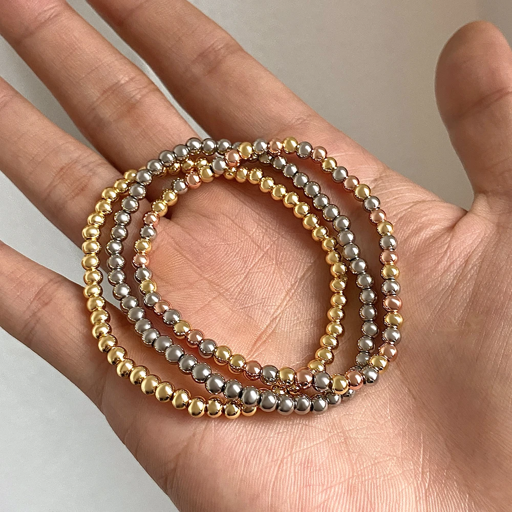 3pcs/set 3/4mm Stainless Steel Beads Elastic Cuff Bracelets For Women Men New Tricolor Stackable Bracelet Waterproof Jewelry