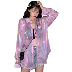 Summer Beach Shirts Women Sheer See-through Shiny Loose Casual Blouse Sun-proof Mesh Tops All-match Holiday Sunscreen Clothes