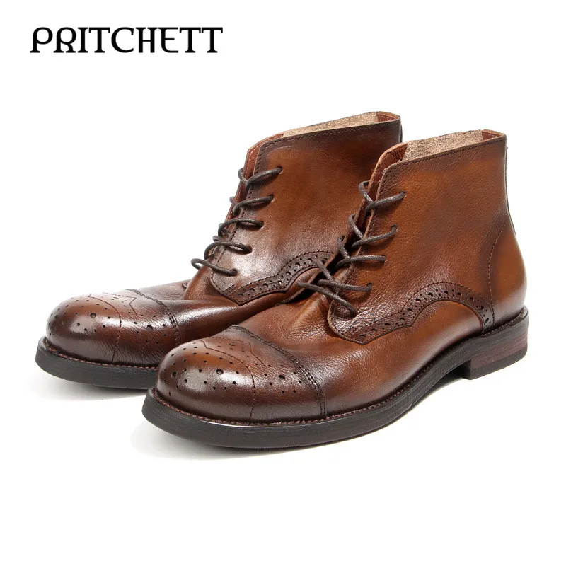 Brogue Rubbed Color Distressed Boots Genuine Leather Retro Lace-Up Personality Short Boots Fashionable Gentleman Men's Boots