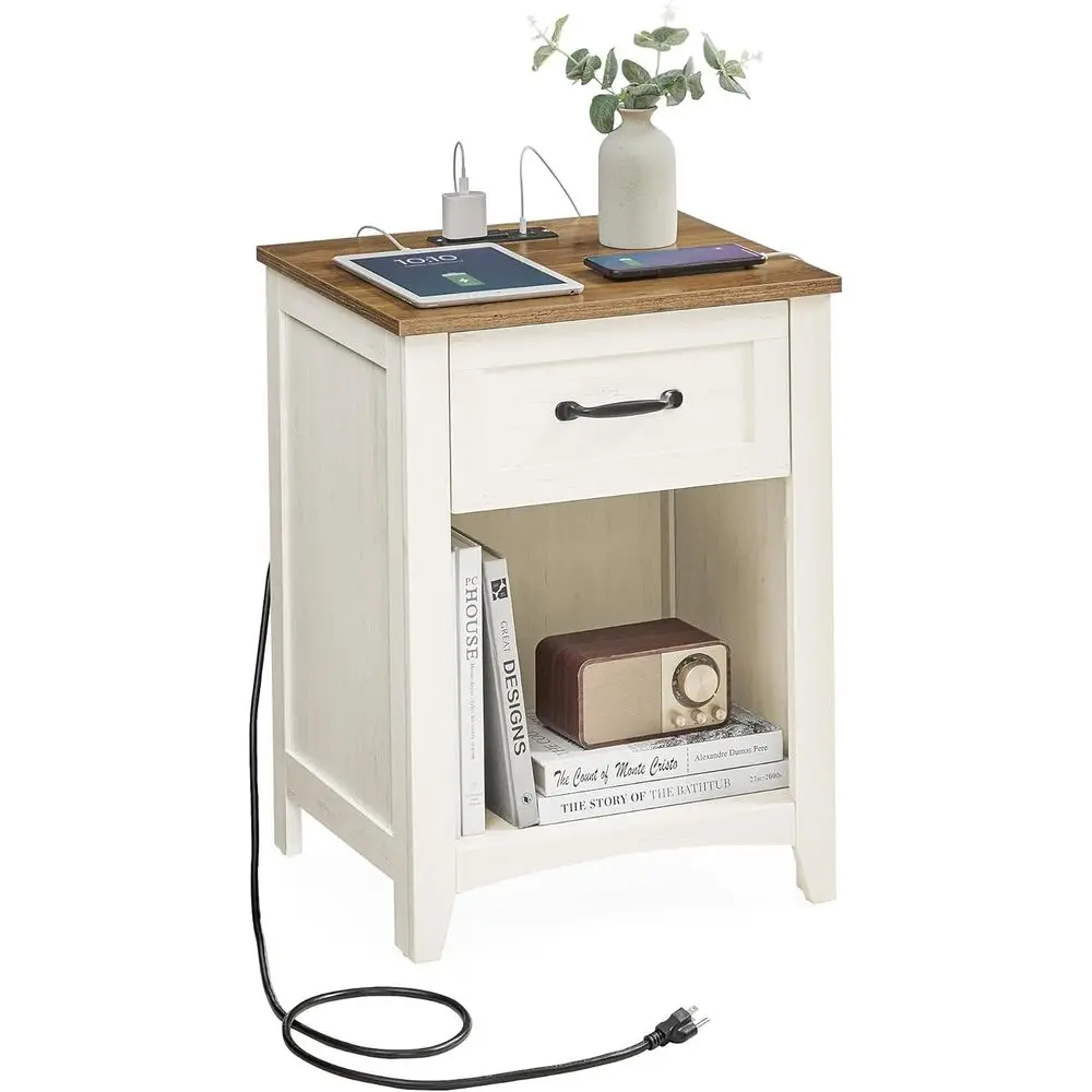 

Nightstand with Charging Station, Rustic White and Espresso Brown, Bedroom Side Table with Drawer and Open Compartment