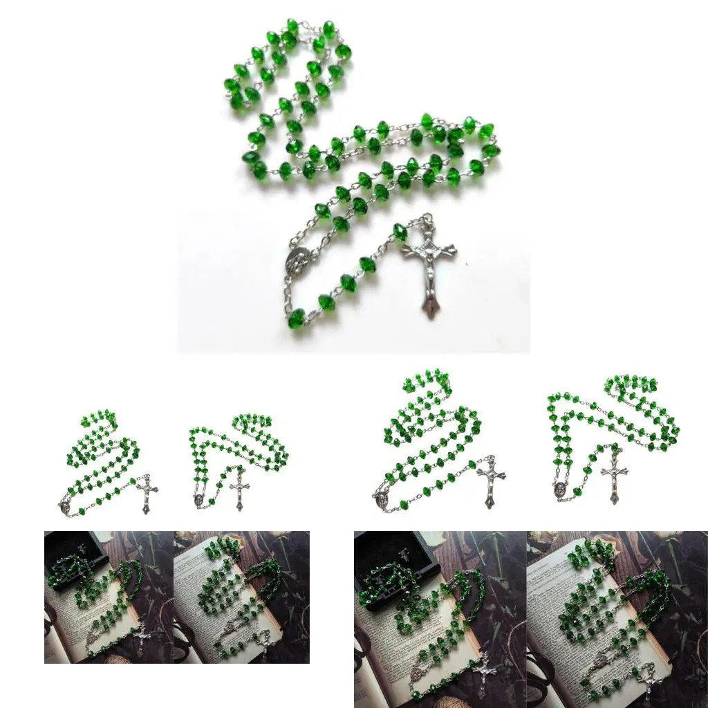 L43A Green Stones Rosary Necklace Christian VirginMary Center Accessories Sweater Chain Church Jewelry Accessories
