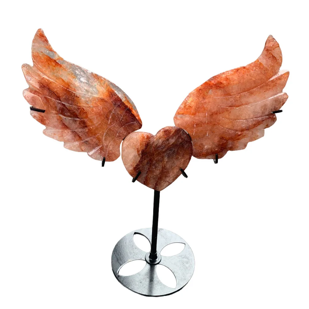 Custom Red Hematoid Quartz Angel Wings Figurine - Hand-Carved Crystal Statue with Stand for Home Decor, Reiki Healing Stone