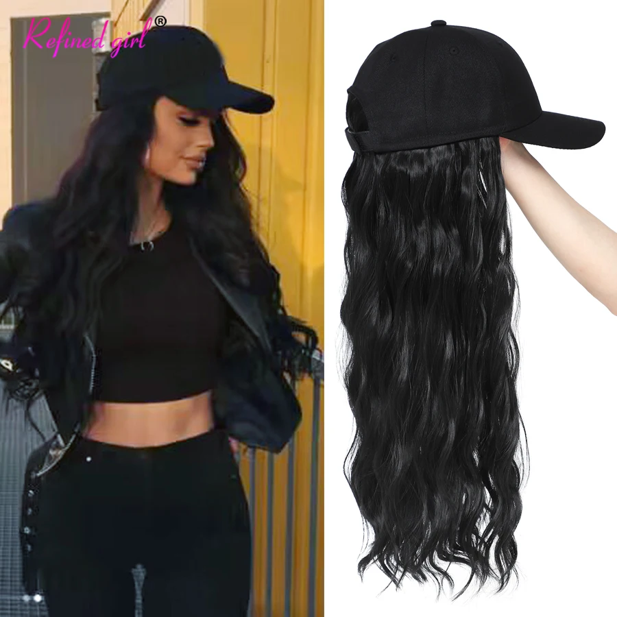 Synthetic Wavy Wig Baseball Cap with Natural Wave Hair extensions Easy Wear Hat Wigs Adjustable for Black White women girls