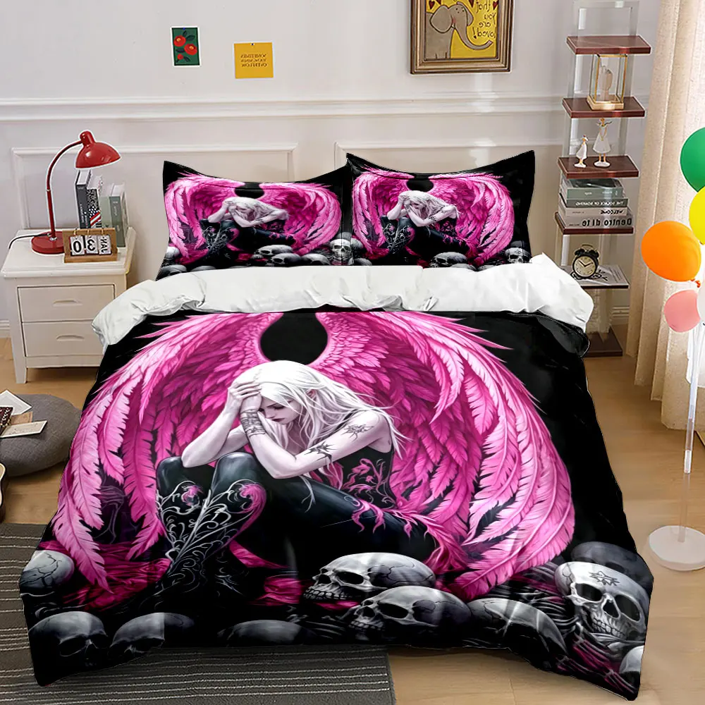 2026 3PC Gothic Pink Angel Wings Print Bedding Set 3D Fallen Angel Duvet Cover Pillowcases Skull Skeleton Black Bed Linen