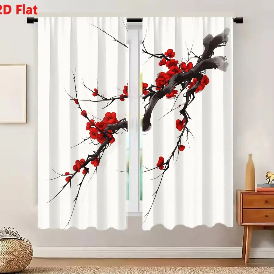 2Pcs Curtains Add 2D Flat Traditional East Asian Ink Wash Painting Of Gnarled Tree Branch With Vibrant Red Plum Blossoms On Plai