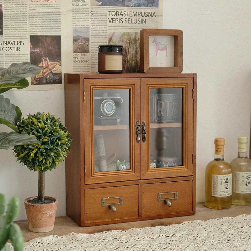 Vintage Wooden Tea Cup Storage Cabinet Glass Display Rack Dustproof Organizer for Dining Table Kitchen Home Decor