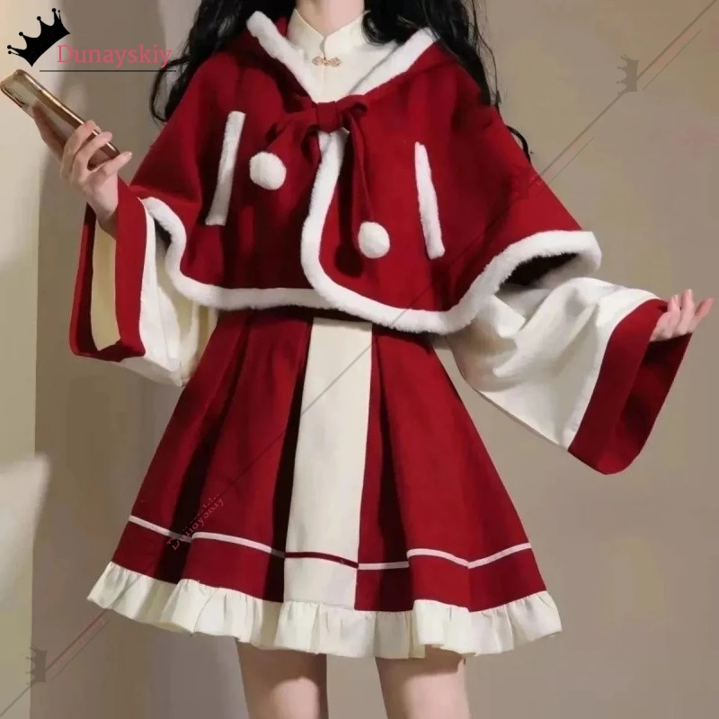 2024 Christmas Xmas Lady Santa Claus Cosplay Costume Winter Skirt Suit Women Lolita Dress Red Hooded Cape Shawl Full Set Uniform