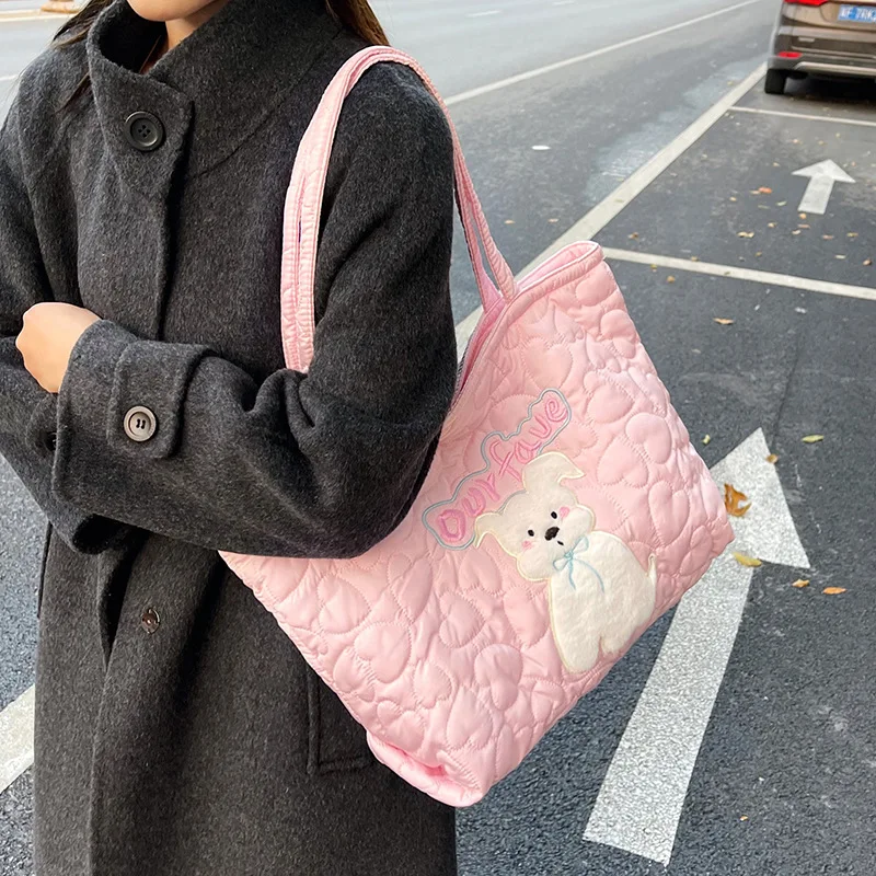 Cute Cartoon Puppy Shoulder Bags for Women Autumn Large Capacity Ladies Casual Tote Bag Heart Quilted Design Female Handbags