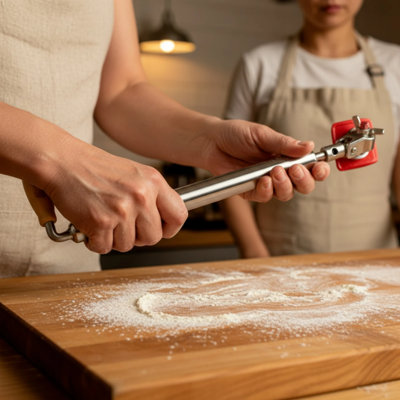 Pastry Rolling Tool with Clamp Food Grade Dumpling Wrapper Roller Manual Pastry Roller with Wooden Handle Rotating Easy to Clean