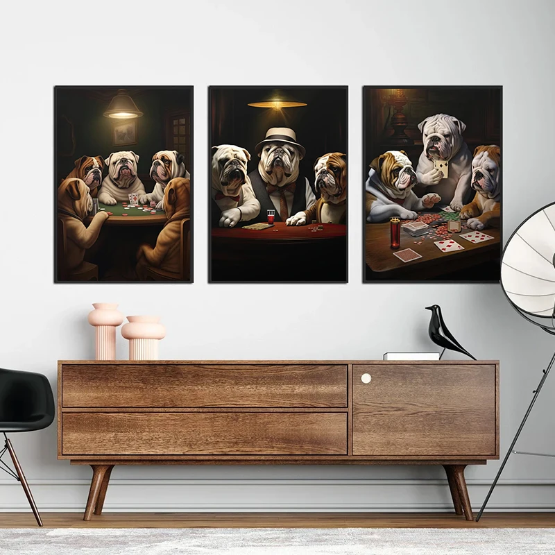 Animal Funny English Bulldog Playing Poker Smoke Bar Poster Print Wall Art Pictures Canvas Painting Living Room Home Decor Gift