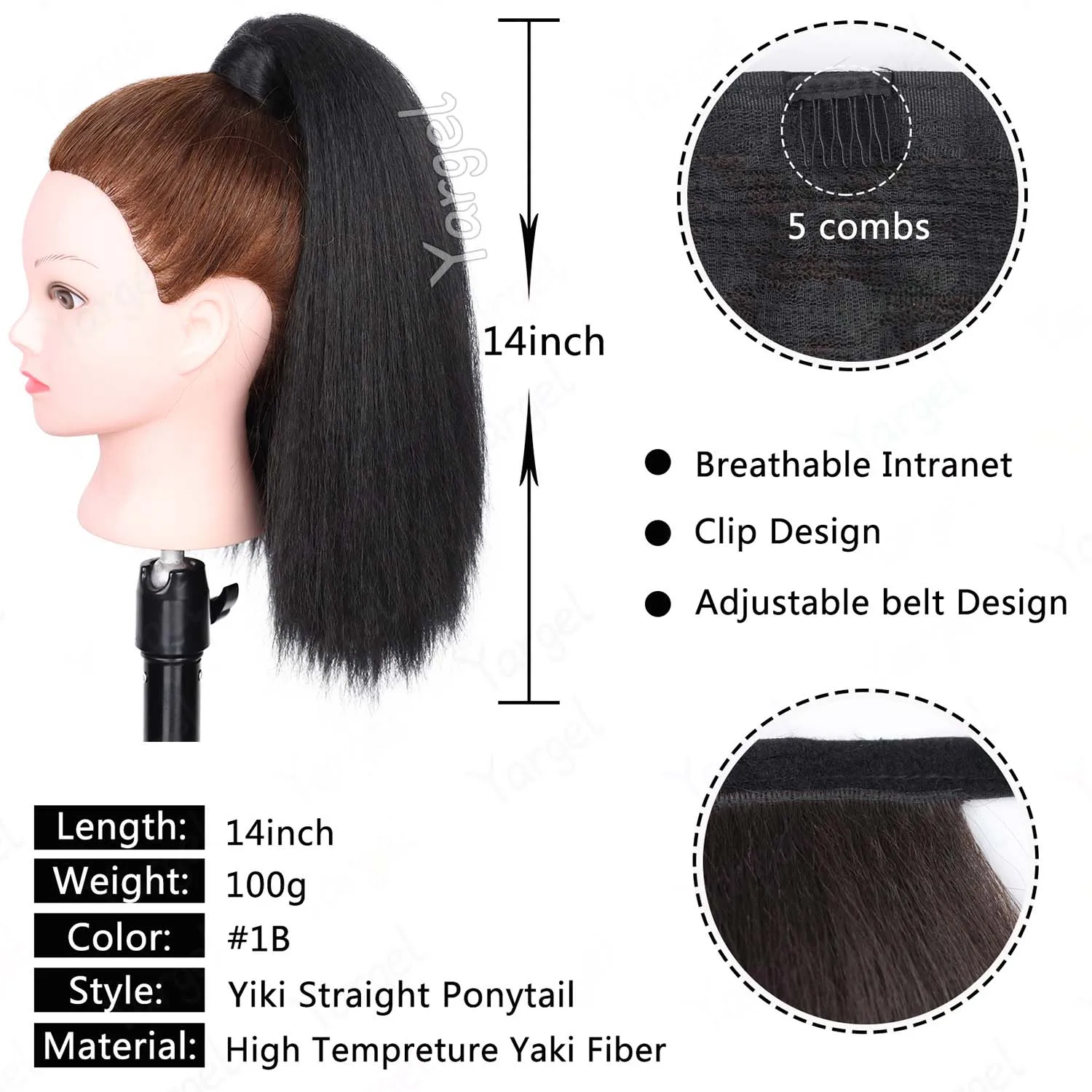 Synthetic Yaki Straight Ponytail Extension,Kinky Straight Ponytails,Wrap Around Magic Paste Yaki Ponytail for Black Women Girls view 3