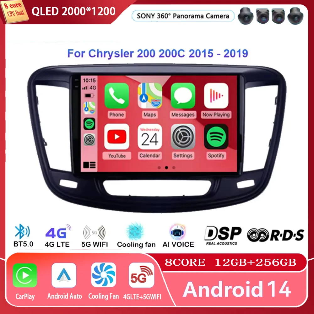 Android 14 Car Radio Multimedia Video Player For Chrysler 200 200C 2015 - 2019 Carplay Android Auto Stereo GPS Navigation WIFI