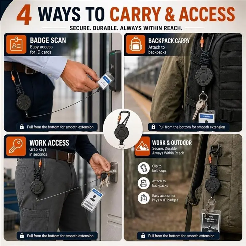 ABUO-Screw-Lock Carabiner Heavy Duty Retractable Keychain Badge Reel- 2-Pack Design
