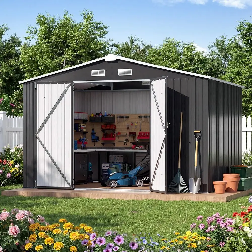

FT Outdoor Storage Shed, Utility Steel Tool Shed with Lockable Door and Air Vents, Galvanized Metal Shed for Garden Backyard Pa