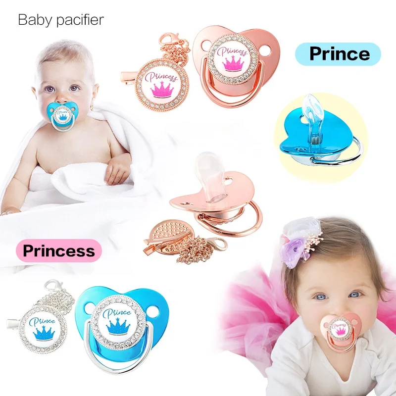 New Diamond Princess Prince Crown Pacifier Photography Accessories 0-3 Years Baby Pacifier with Chain Clip