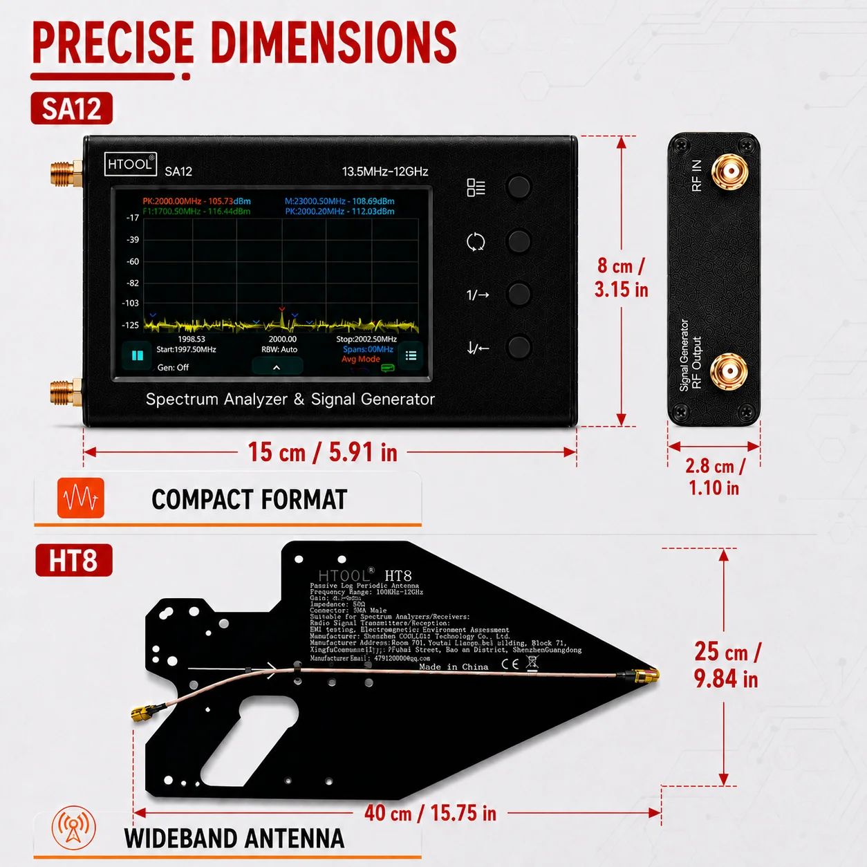 HTOOL SA12 and HT8 Professional RF Test Kit, 13.5MHz to 12GHz Spectrum Analyzer, Signal Generator, S21 Measurement, Directional