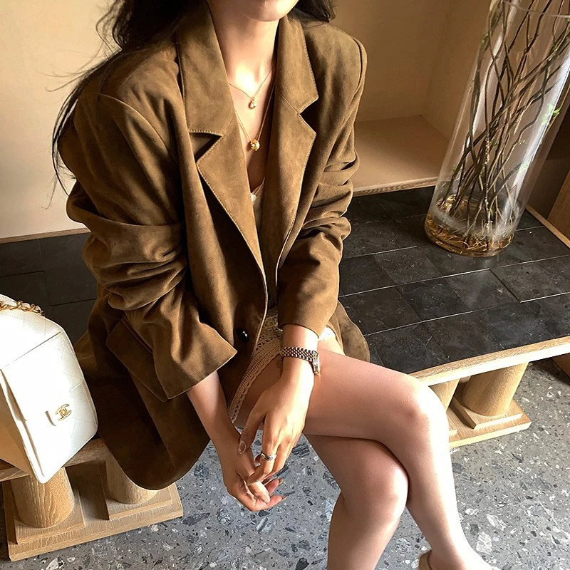 100% echtes Leder Blazer Jacke für Frauen Retro Braun Hohe Luxus Kid Wildleder Weibliche Casual einreiher Lose Anzug mäntel