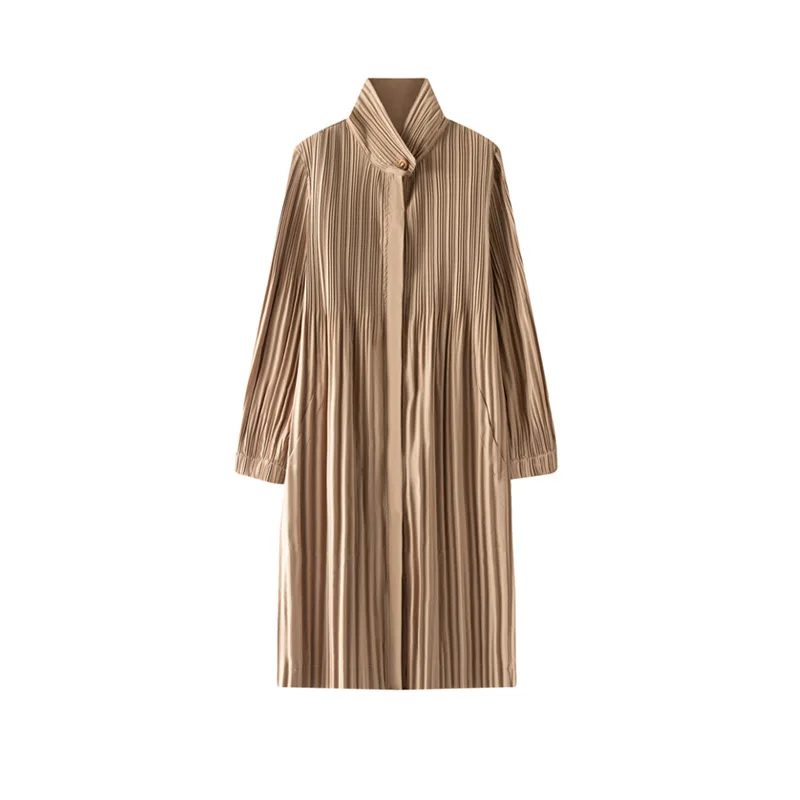 Miyake Fold 2025 Japanese Design Style Fold Solid Color Zipper Medium Long Coat Loose Versatile Temperament Coat for Women
