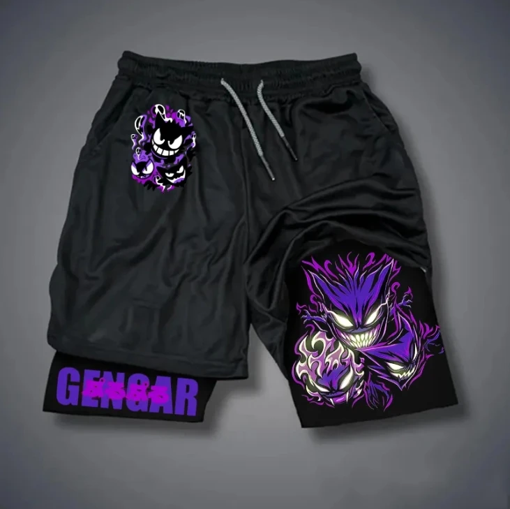 Pantalones cortos para correr de doble capa y de secado rápido, pantalones cortos de gimnasio con estampado de anime, pantalones cortos de entrenamiento flexibles para hombres.