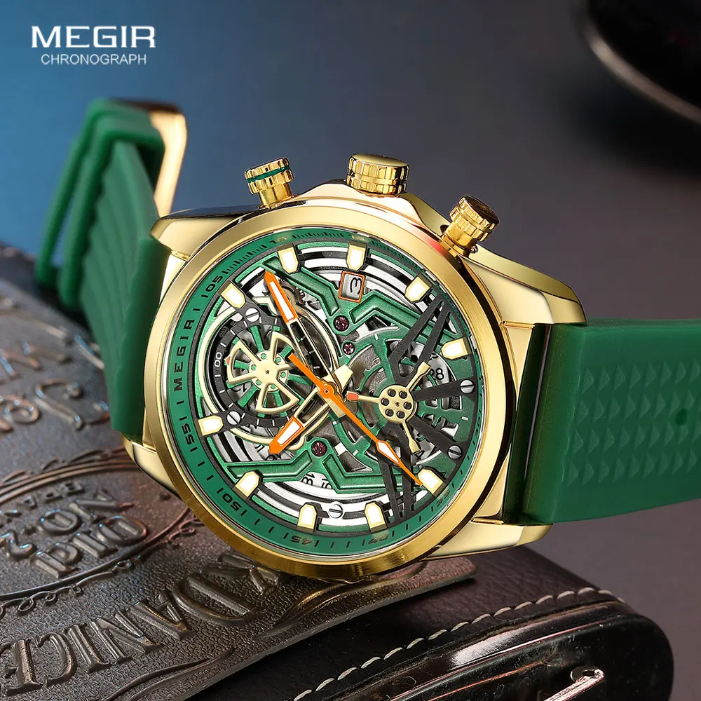 MEGIR Sport Quartz Watch Men Fashion Waterproof Chronograph Wristwatch with Date Olive Green Silicone Strap Luminous Hands 2235