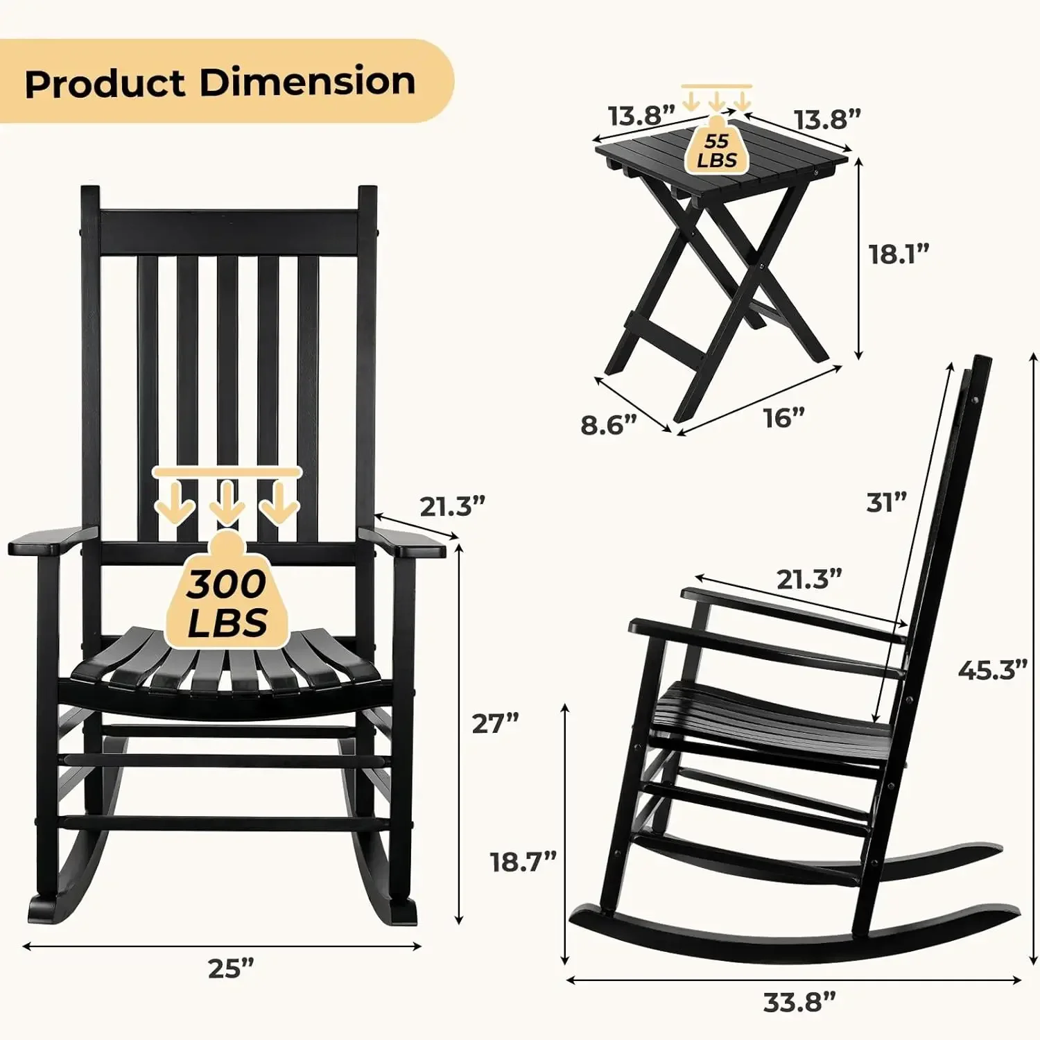 Wooden Rocking Chair Set 3-Pcs, with Side Table, Rocking Chair Patio Set, w/ High Back,Indoors or Outdoor Rocking Chairs