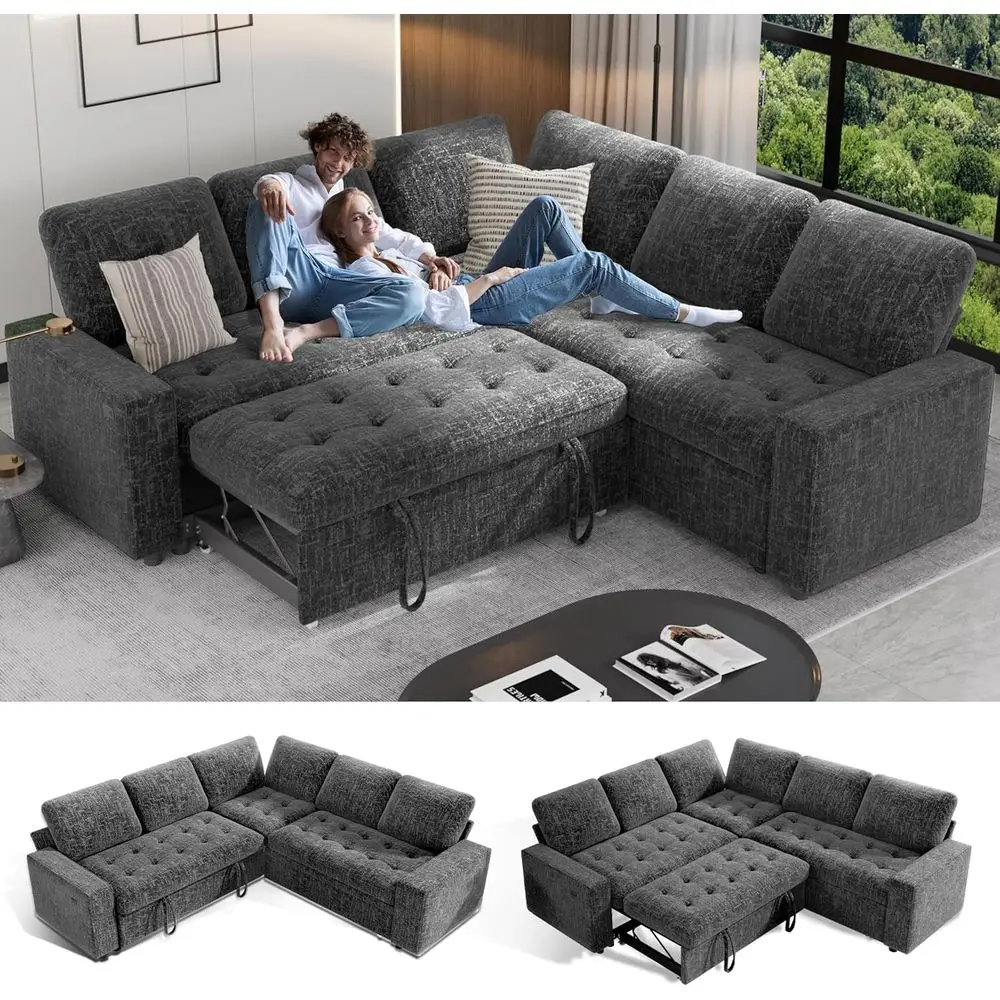 

Sectional Sleeper Sofa with Pull-Out Bed, L-Shaped Chenille Couch with USB Ports, Adjustable Backrest, Storage, and Easy Assembl