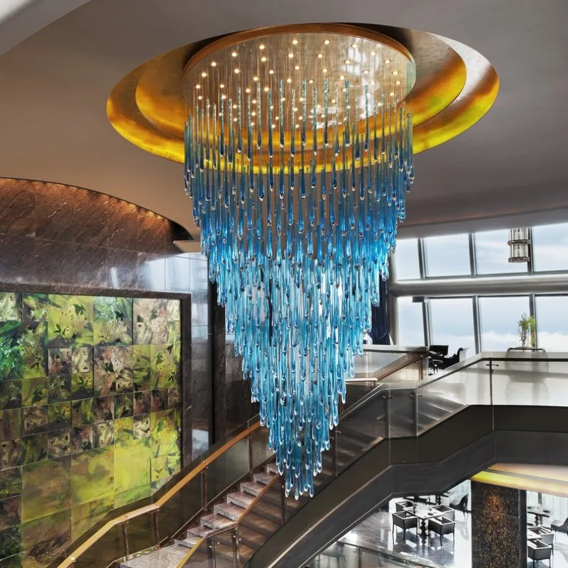 Luxury Gold Glass Crystal  Ceiling Chandelier For Stairscase Loft Hotel Lobby Living Room Colorful Crystal Hanging Chandeliers