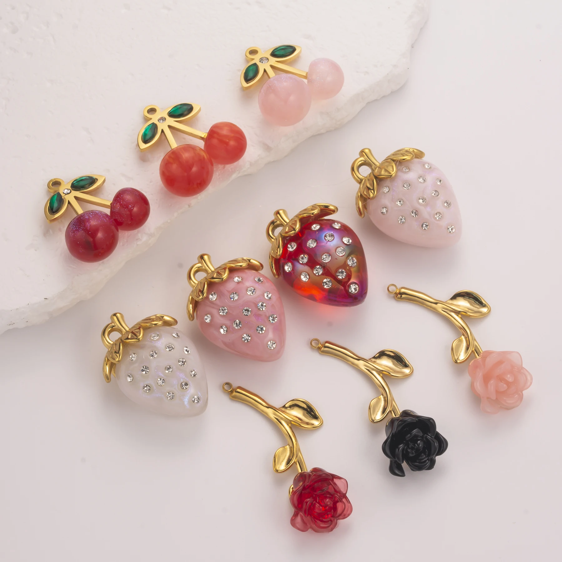 10Pcs Colorful Acrylic Strawberry/Cherry/Flower Charms Stainless Steel Accessories for Making Necklace Jewelry Pendant