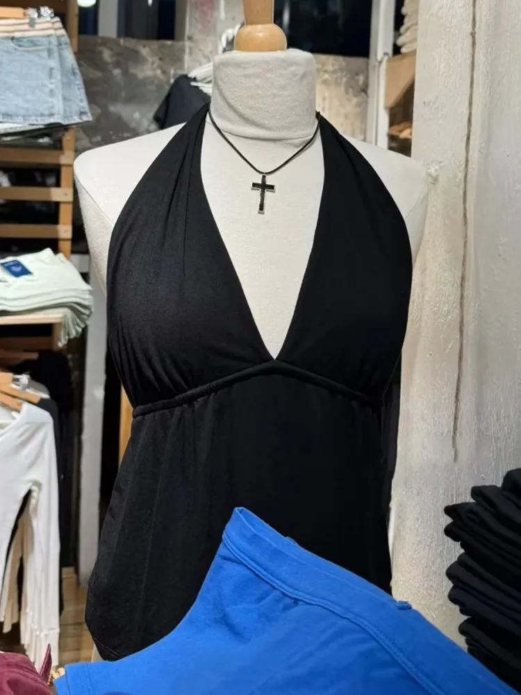 Black Sexy Lace-up Halter Slim Crop Top Woman Summer Cotton Deep V-neck Backless Sleeveless Vests Casual Simple Y2K Camisole New