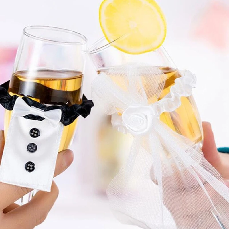 Wedding Wine Champagne Glasses Cup Set Bride And Groom Black White Dress Decor DropShip