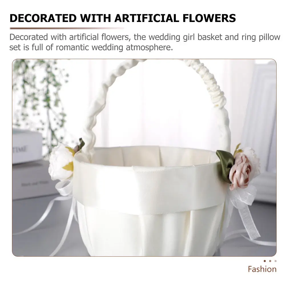 

1Set Wedding Ring Pillow Flower Basket Set Romantic Decorative Ring Holder Pillow for Flower Girl Wedding Ceremony