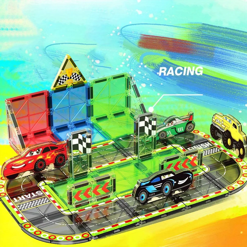 MOC 32pcs Race Car Magnetic Building Blocks - Large STEM Toy Set Creative Magnetic Toys, Children Educational Magnet Toys