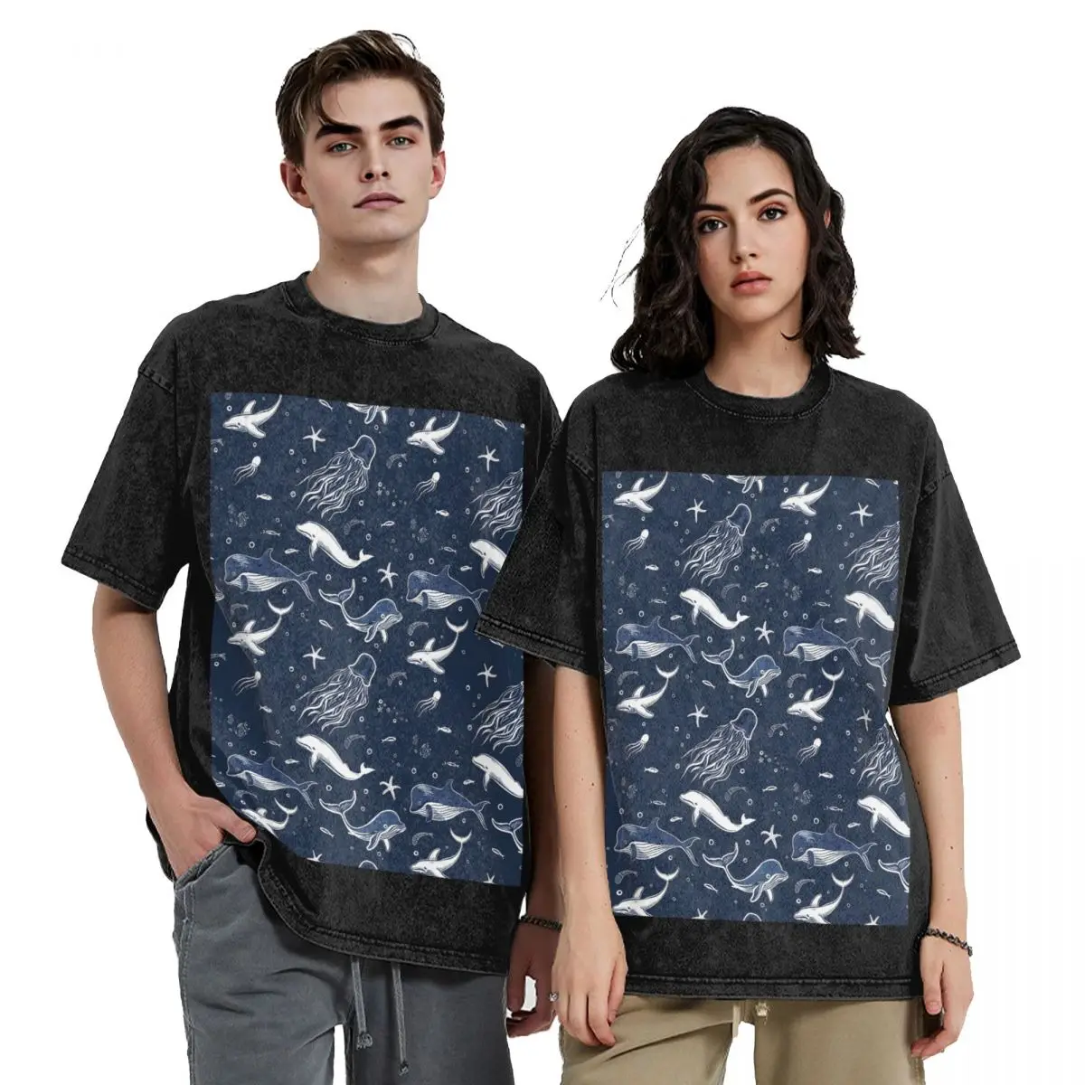 Camisetas de manga corta con estampado de animales marinos, líneas blancas sobre fondo azul oscuro, estilo hip hop, camisetas lavadas, ropa urbana para hombre y mujer