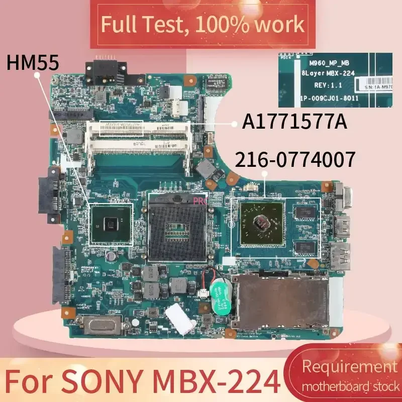 

15inch M960 For SONY MBX-224 Laptop Motherboard 1P-009C500-8011 A1771577A HM55 216-0774007 DDR3 Notebook Mainboard Tested Work