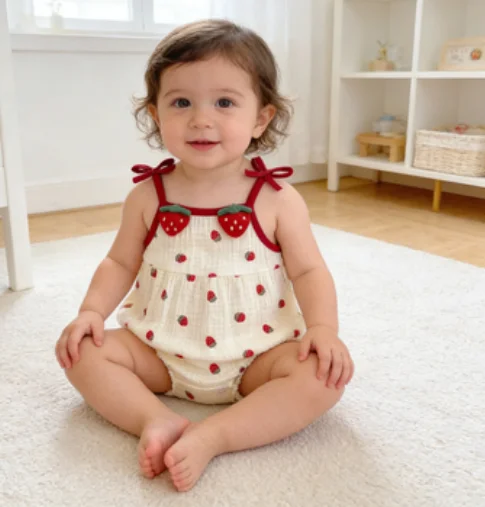 

Новый летний комбинезон-худи для девочек 2026 года с милым клубничным принтом: модный и удобный ромпер для малышей