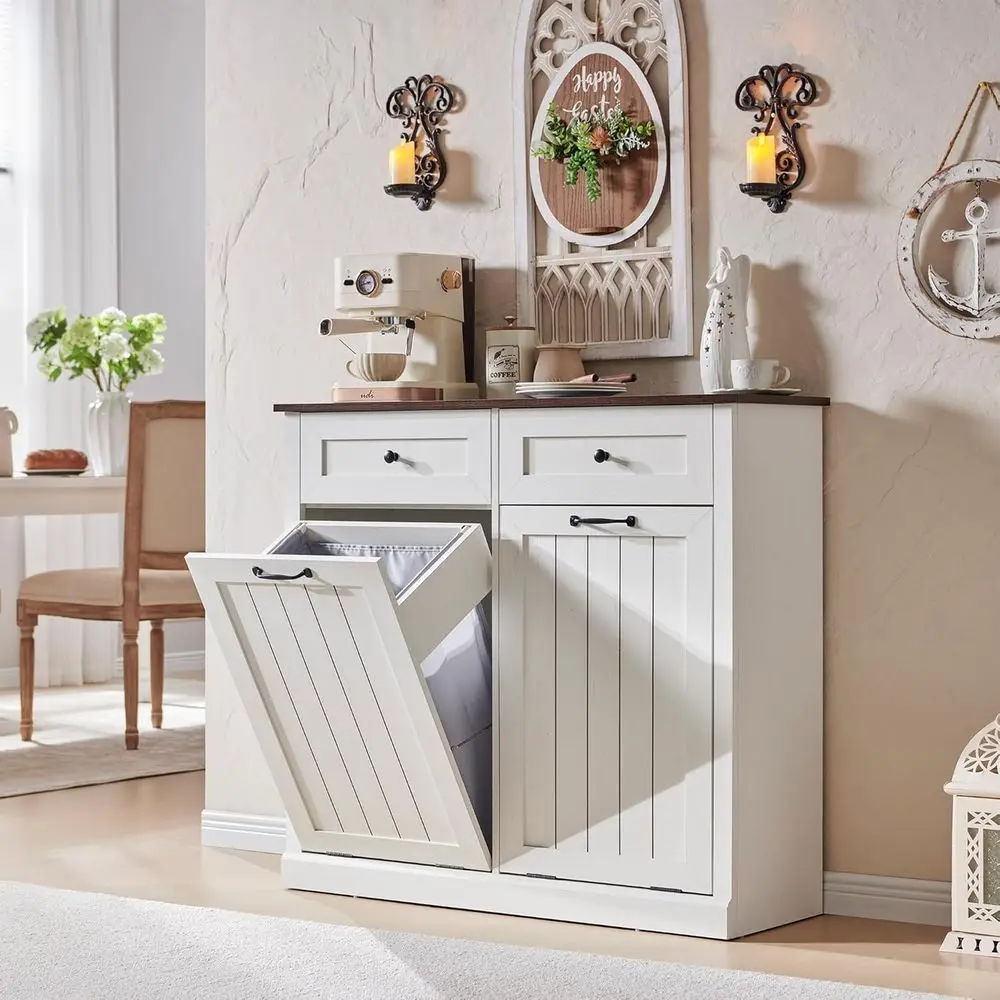 

20 Gallon Double Door Trash Cabinet with Storage Baskets, Antique White Laundry Hamper for Kitchen and Living Room