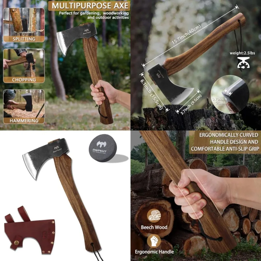 15.7" Hatchet, Camping Hatchet, Hand-Forged Axe with Sheath for Wood Chopping, Splitting, and Carving, Bushcraft Axe with Beech